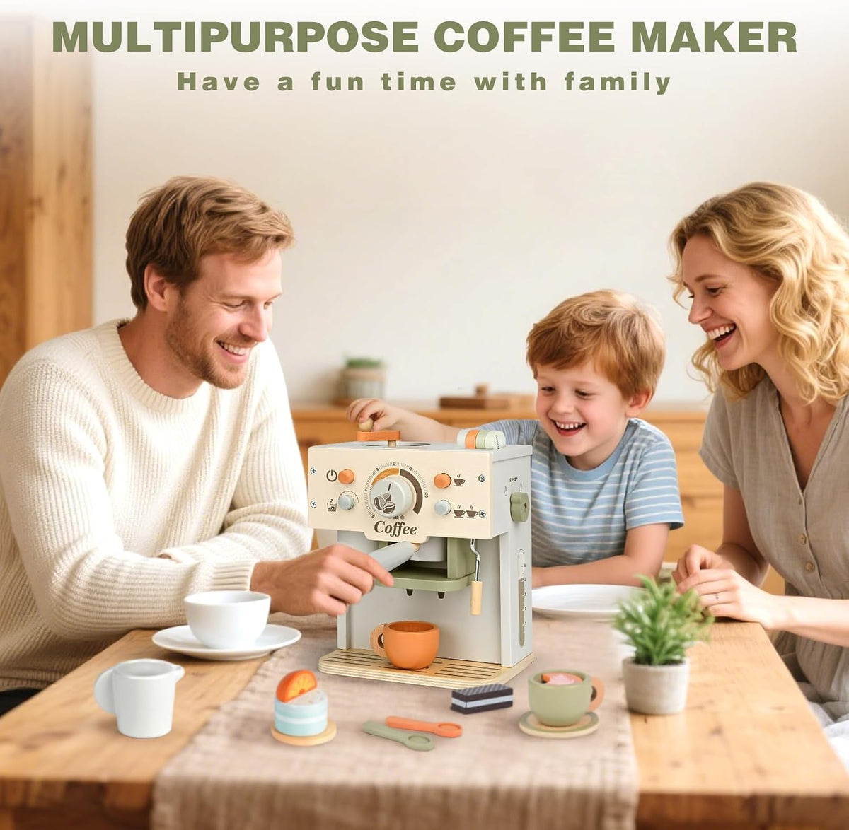 Dreamon wooden toy coffee maker set in green with cups, saucers and capsules - view 6