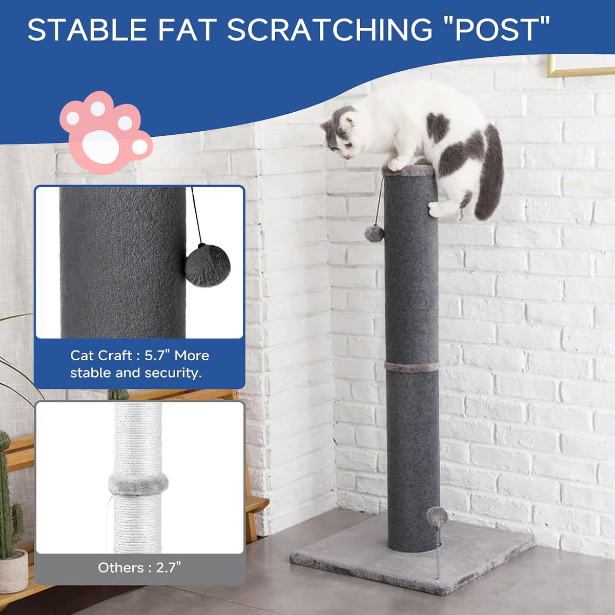 Cat Craft 41" Tall Short Plush Cat Scratching Post for Indoor Cats - Gray / Classic Carpet - image 2