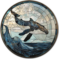 Lygond Metal Sign Tin Sign Circular Stained Glass Whale Sign for Garden for Restaurant 12×12 Inches