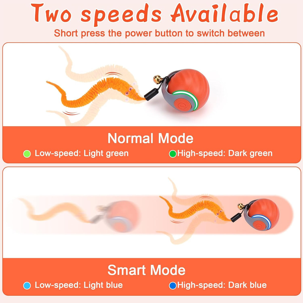 Interactive Cat Toy Ball - Automatic Interactive Cat Toys for Indoor Cats with 3 Tails, 2 Speeds - 2 Pack Orange - image 4