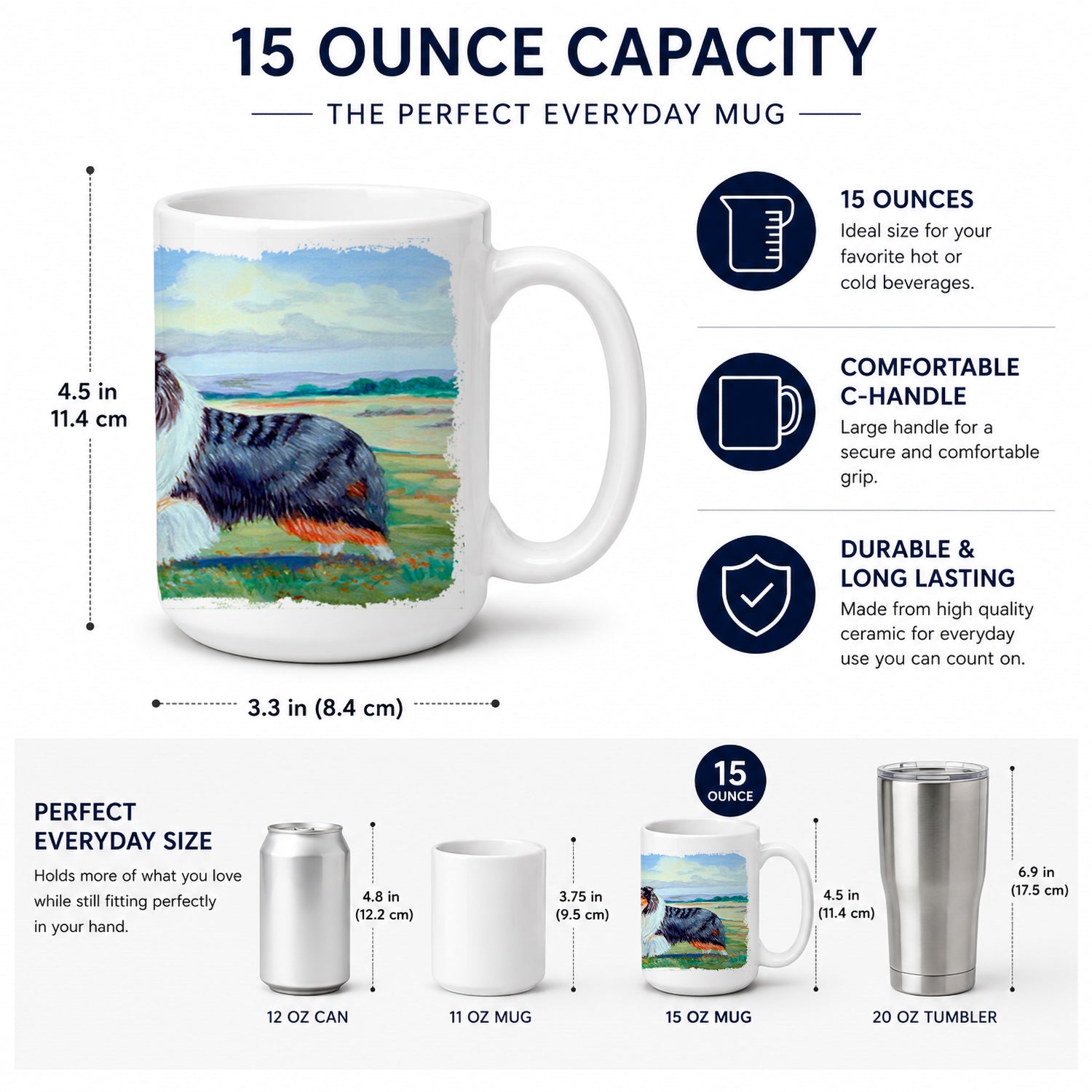 Collie Ceramic Coffee Mug 15 oz Decorative Large C Handle Mug Cup for Tea, Cocoa Hot Chocolate