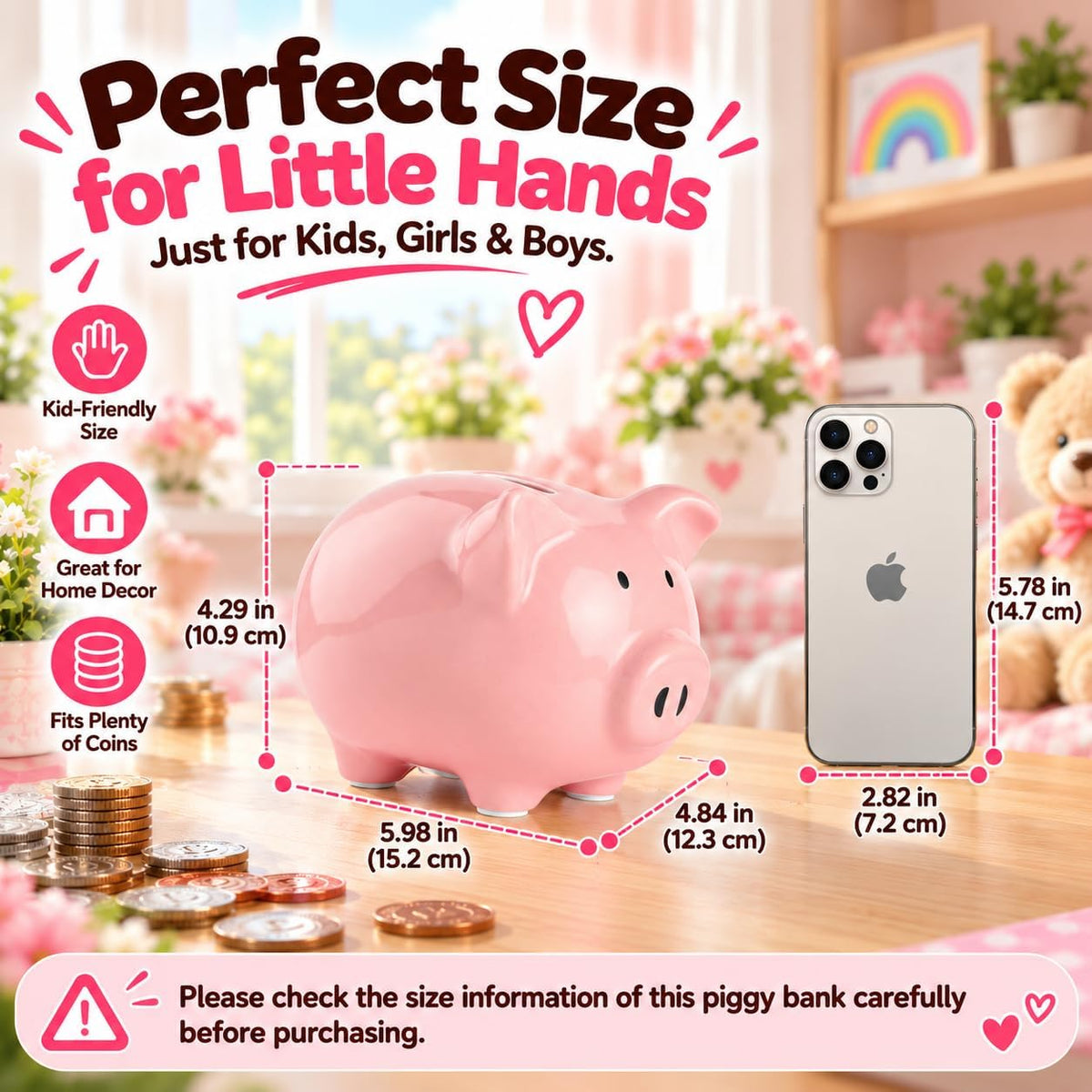 SOBEIT Piggy Bank for Kids Girls Boys, Glazed Ceramic Coin Bank - Style 1 Pink - image 3