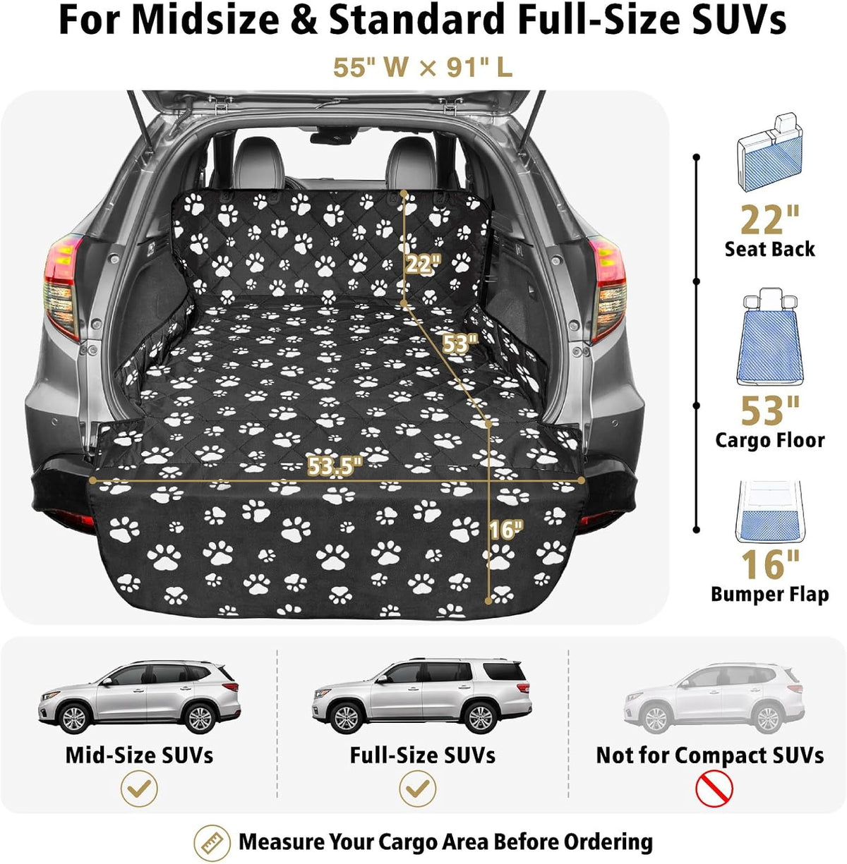 SUV Cargo Liner for Dogs - Trunk Cover for SUV with Bumper Flap Protector – Essentials for Dogs - Paw Print / Standard: 55" x 91" - image 2