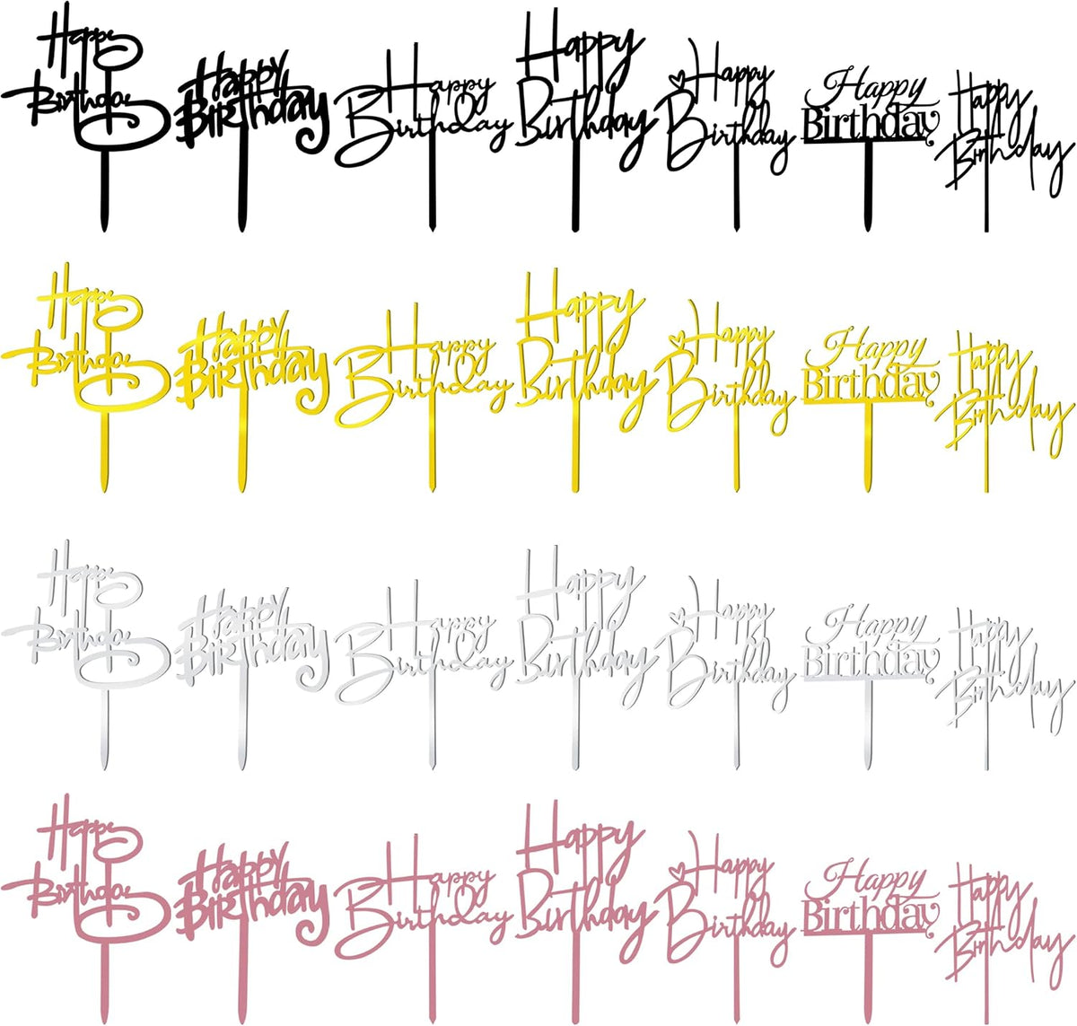 10 PCS Black Happy Birthday Cake Topper Acrylic Cupcake Topper - Gold&silver&black&rose Gold