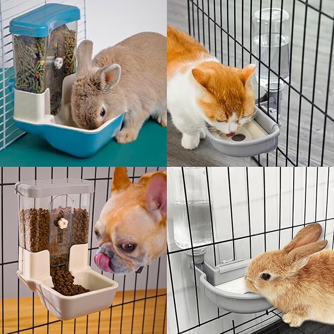 Automatic Pet Food Water Dispenser, Auto Gravity Pet Feeder Water Bottle Set for Crate, Feeding Station for Small Dog Cat Rabbit Guinea Pigs Chinchilla Ferret Hedgehog (Gray)