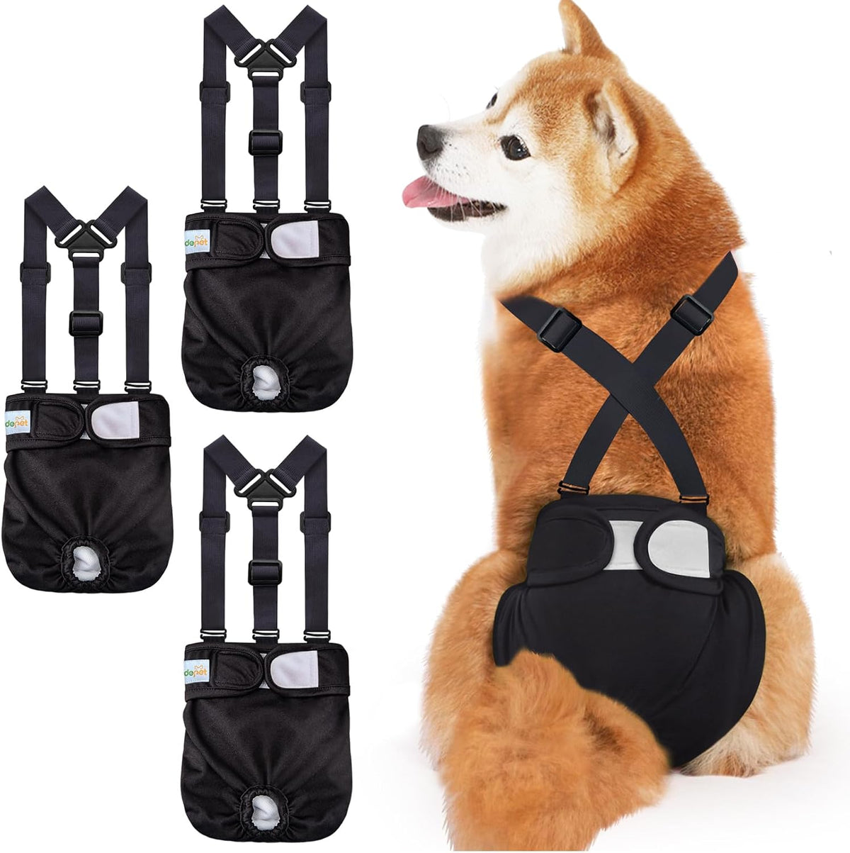 Idepet Female Dog Diapers with Suspender Detachable - 3 Pcs Black / L