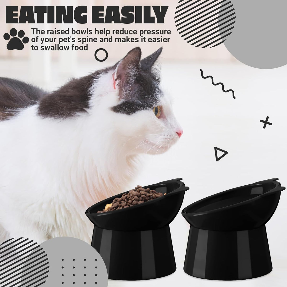 Zhehao 2 Pcs Elevated Cat Bowl Set, Tilted 15° - Cat Ears / Black - image 3