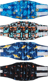 CuteBone Dog Diapers Male 4 Pack Puppy Wraps Reusable Doggie Belly - Sharks ocean / XL(21"-27")
