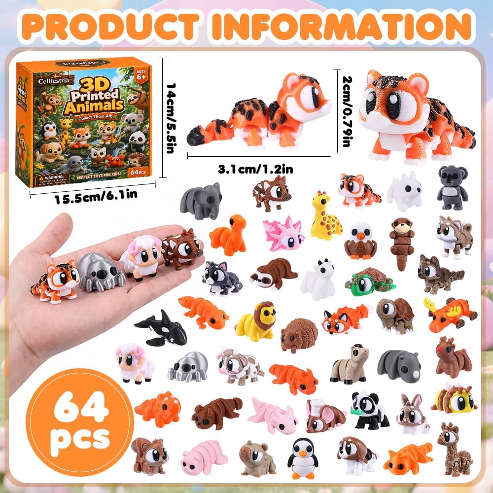 Celltestria 18PCS 3D Printed Skeleton Fidget Toys with Coffin Storage - 64Pcs 3D Animals - image 2