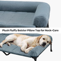 Veehoo Cooling Elevated Dog Bed with Fluffy Plush Bolster Cushion, Indoor Raised Dog Beds for Large Dogs, Soft Pet Sofa Cot with Removable Washable Mat, No-Slip Feet, 49 x 33 inches, Haze Blue