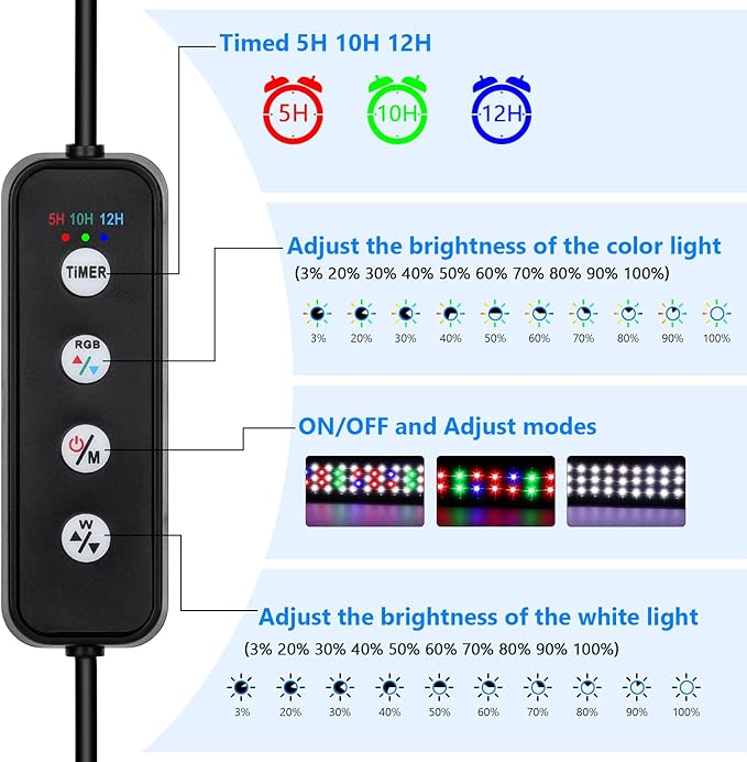 AQQA Full Spectrum Aquarium Light,Fish Tank Lights for Plant Growth Fish Viewing,3 Mode White Blue Red Green LED Beads,Timer,Adjustable Brightness,Extendable Brackets for Freshwater 26W for 32-40inch