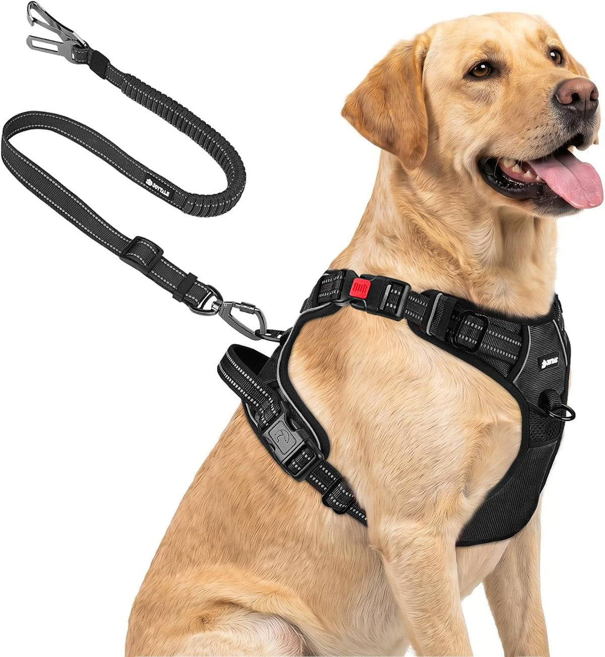 Joytale No Pull Dog Harness & Seat Belt, Easy On 3-Buckle, L - Black / Large