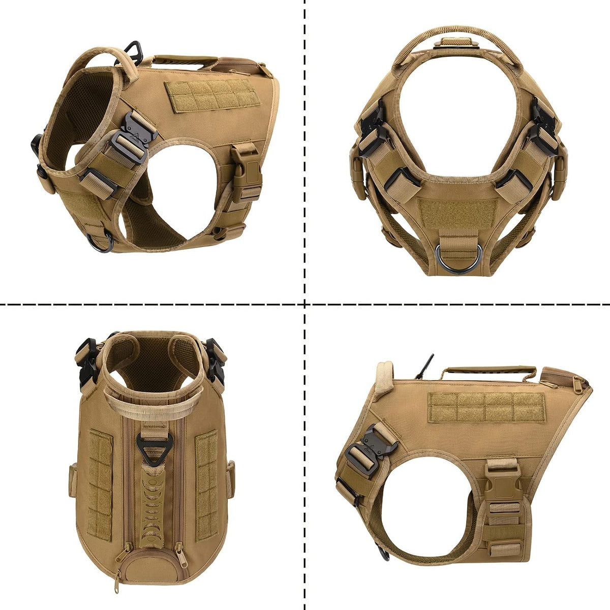 Tactical Dog Backpack Harness for Large Breed Original Design Metal - M / Khaki (with 2 pouches) - image 3