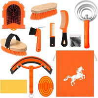 Abbylike 12 Pieces Horse Grooming Kit Racing Festival Tack Room Supplies Horse Brush Sets Equine Care Cleaning Kit Shedding Grooming Massaging Tools(Orange)