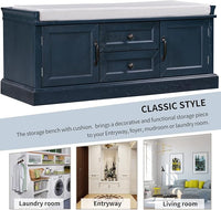 Storage Bench with 2 Drawers and 2 Cabinets, Pine Wood Shoe Bench with Removable Cushion for Living Room, Entryway 42.5" L x 15.9" W x 17.5" H (Antique Navy)