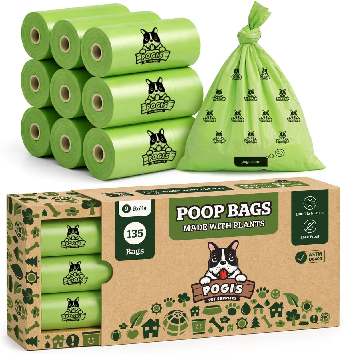 Pogi's Compostable Dog Poop Bags, Leak-Proof, 18 Rolls - 135 Count (Pack of 1) / Unscented