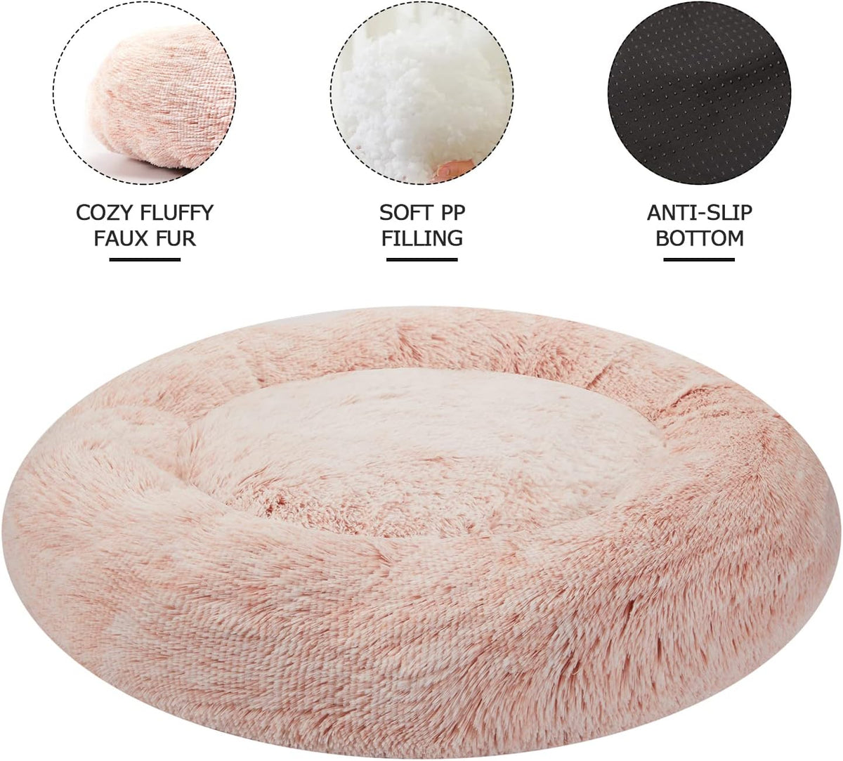 Calming Fluffy Donut Dog Bed for Large Dogs, 36" Round - 23.0"L x 23.0"W x 7.0"Th / Pink - image 3
