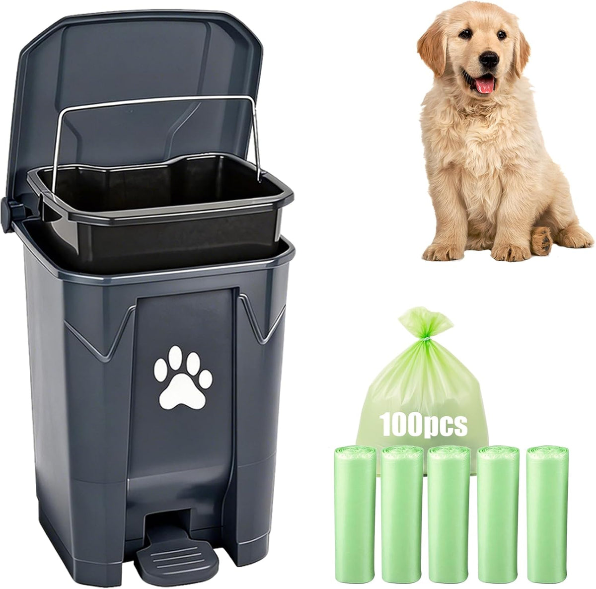 Dog Poop Trash Can Outside with Poop Scooper - Grey-Green Bag / 20L