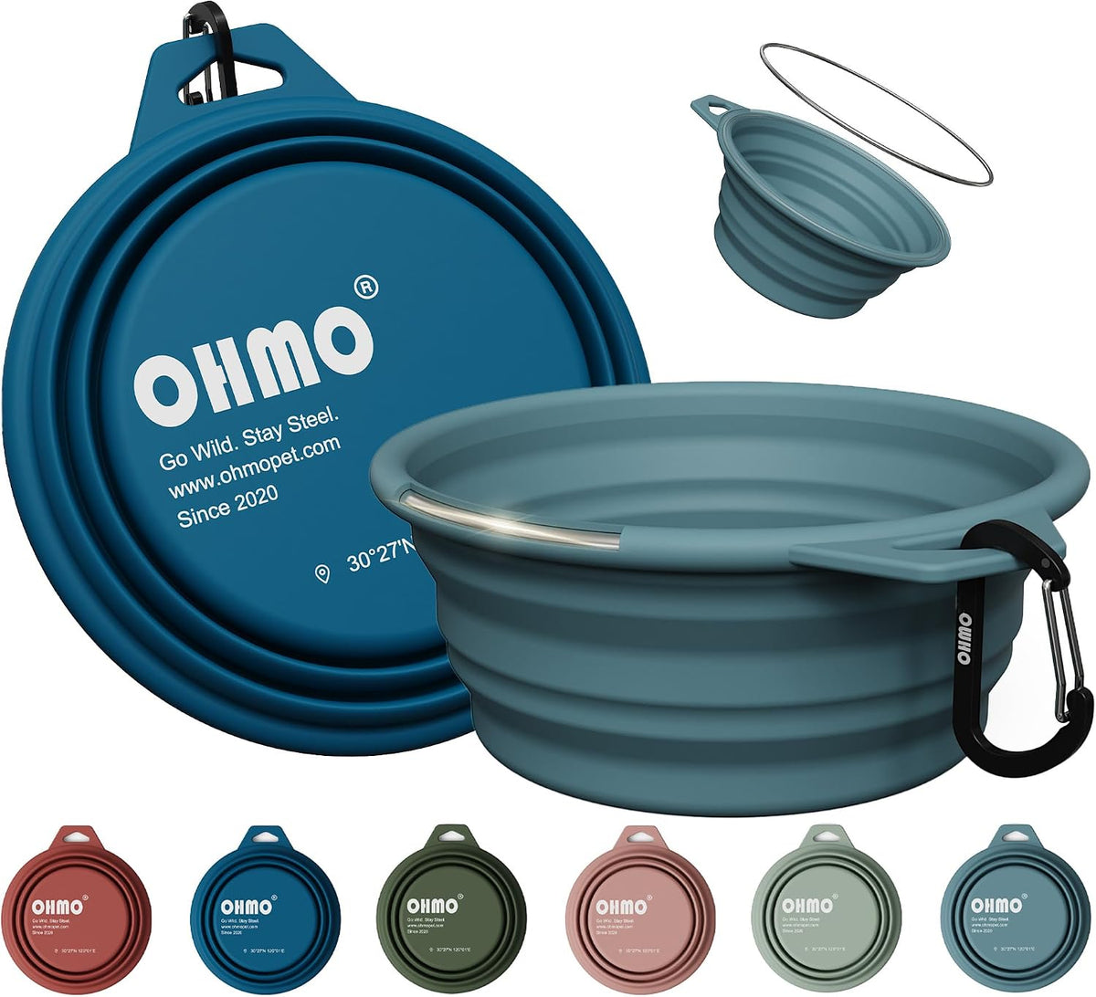 OHMO Collapsible Dog Bowls for Pet Travel, Coral&Brick Red - Steel 2x27oz / Peacock&Light Blue