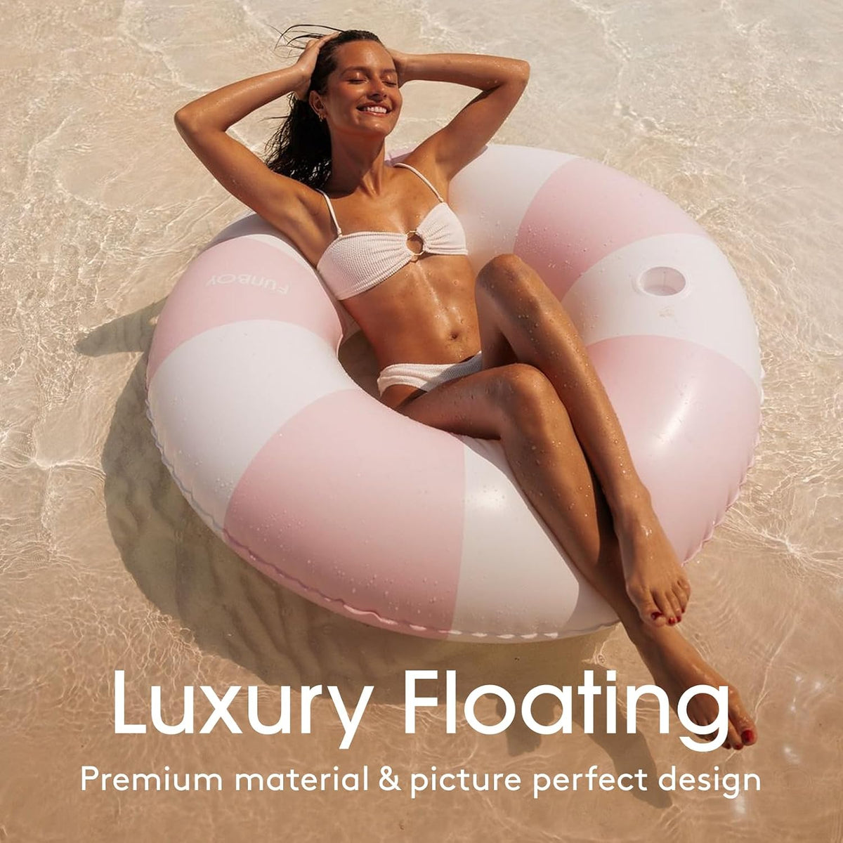 FUNBOY Giant 46" Vintage Pink Stripe Pool Tube Float with Cup Holder – Fun for Kids & Family - Pink - image 2