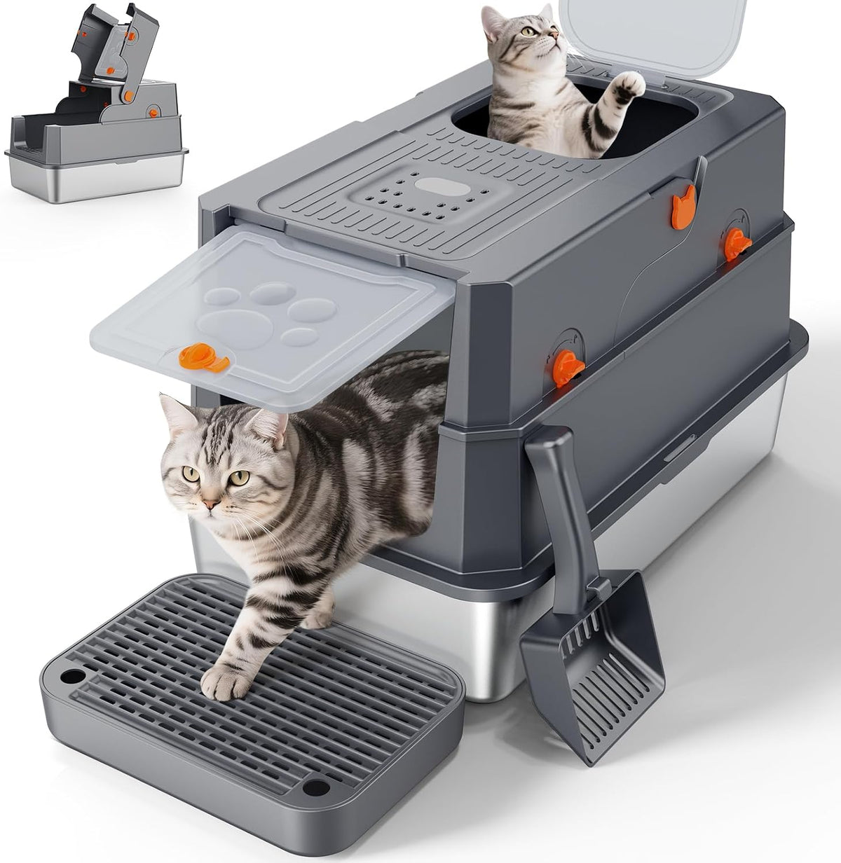 FURTIME Stainless Steel Litter Box with Lid - X-large / Grey