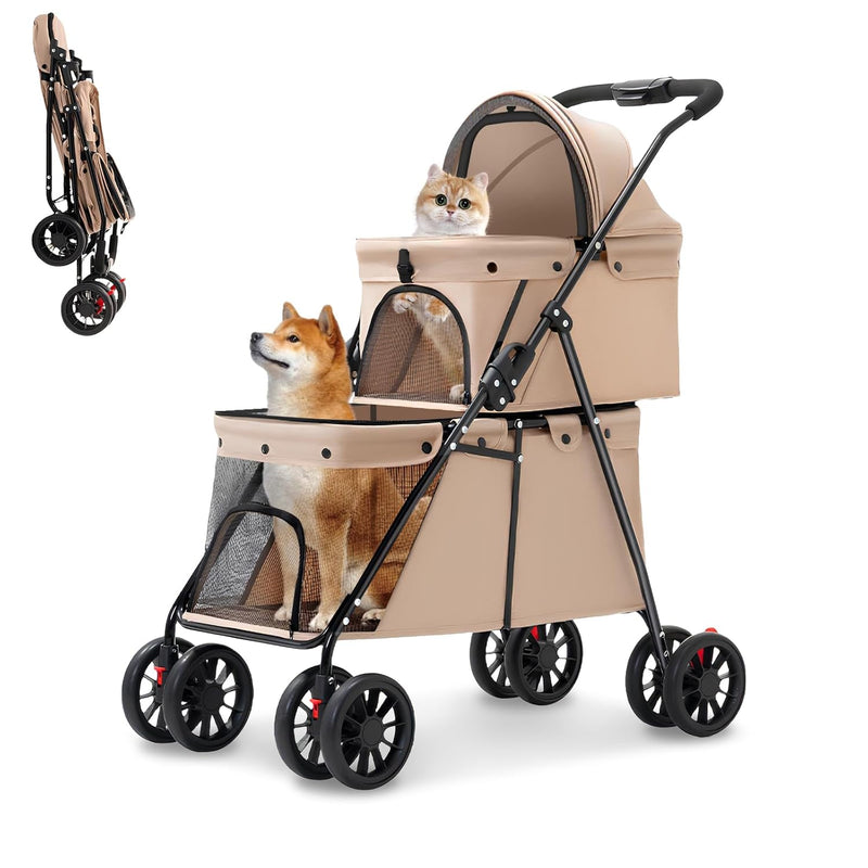 Double Pet Stroller + Foldable Beige Linen Breathable Design-Pet Carriers & Travel-BIG FRENCHIES-Jane's Pet Boutique