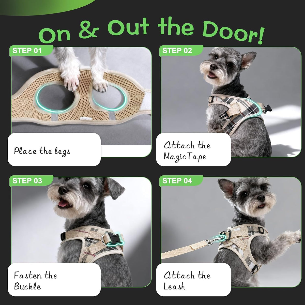 EXPAWLORER Plaid Small Dog Harness and Leash Set with AirTag Holder - Khaki / XX-Small - image 4