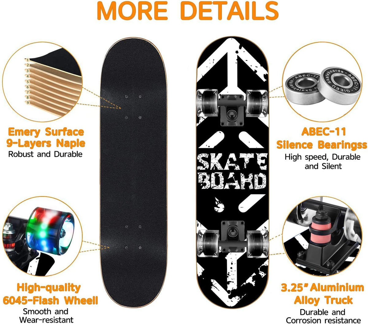 Skateboards with Colorful Flashing Wheels for Beginners, Kids - 4-Black and White - image 3