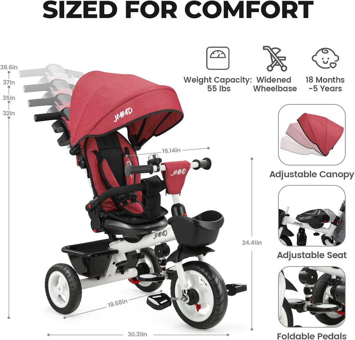 JMMD 7 in 1 Toddler Tricycle with Push Handle Trike Stroller for 1-5 - Red - image 3