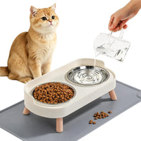 Elevated Cat Bowls Set - Raised Cat Food and Water Bowl Set with Non Slip Stand - Pet Feeding - White with Mat