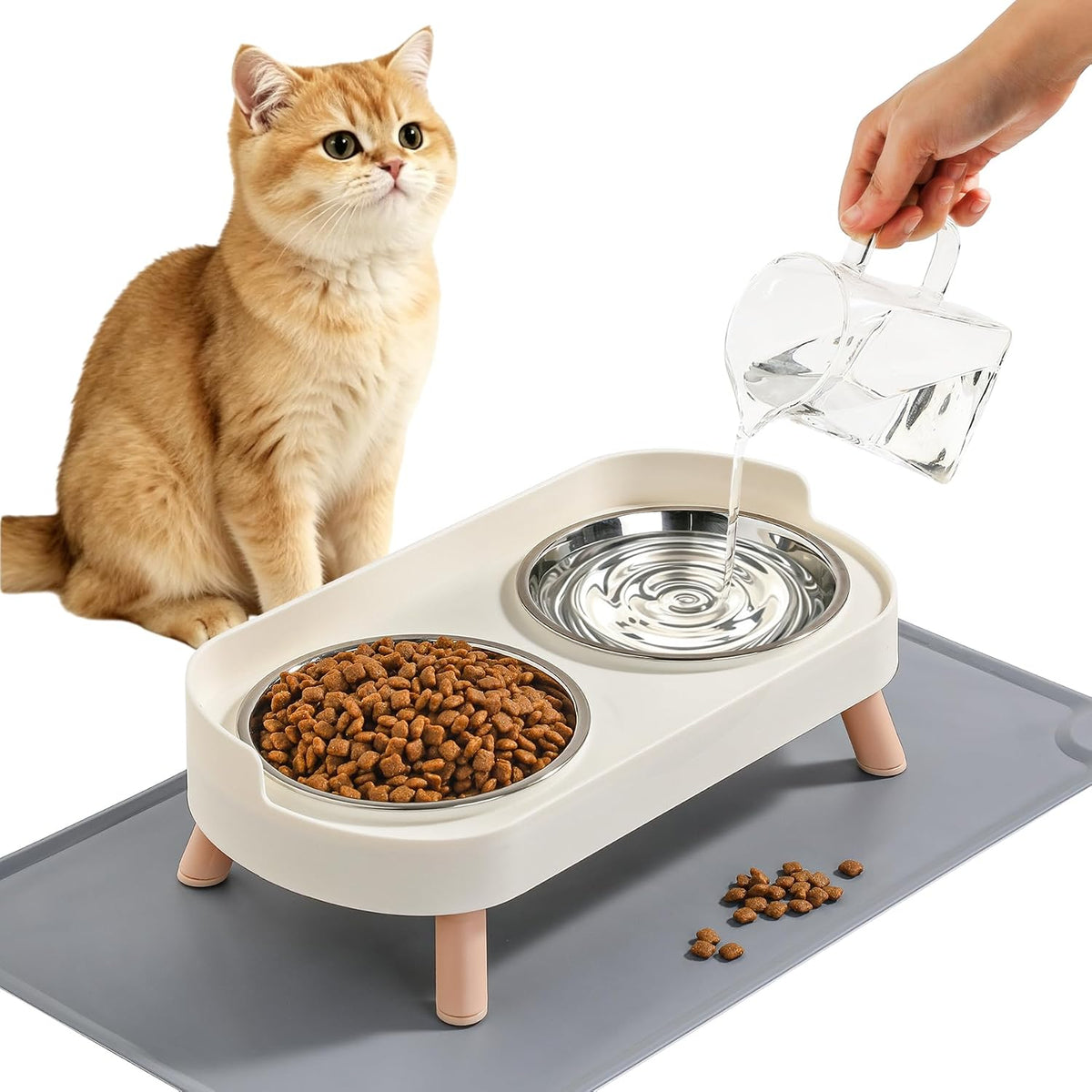 Elevated Cat Bowls Set - Raised Cat Food and Water Bowl Set with Non Slip Stand - Pet Feeding - White with Mat