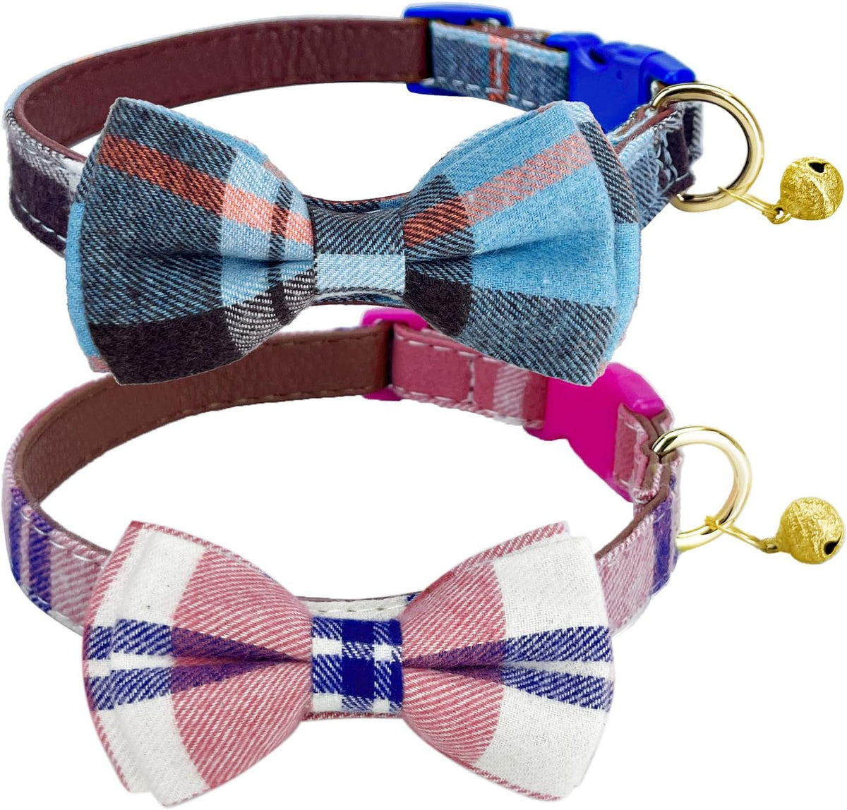 2 Pack/Set Dog Collars with Bow Tie and Bells - M(11.8''-17.8'') / Pink+Blue