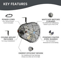 Schaefer VK12-B VersaKool Air Circulator Ceiling Wall Mount Greenhouse Fan & Aluminum Blade, 1470 CFM, 1/10 hp, Energy-Efficient Commercial Fan for Patio, Garage, Industrial & Workshop (Black)