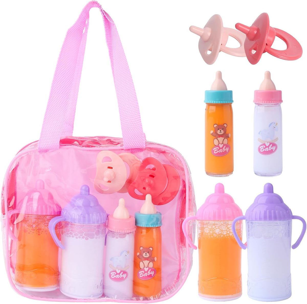 Beem Jun pink baby doll bottles and pacifiers set in a clear zippered bag - view 4