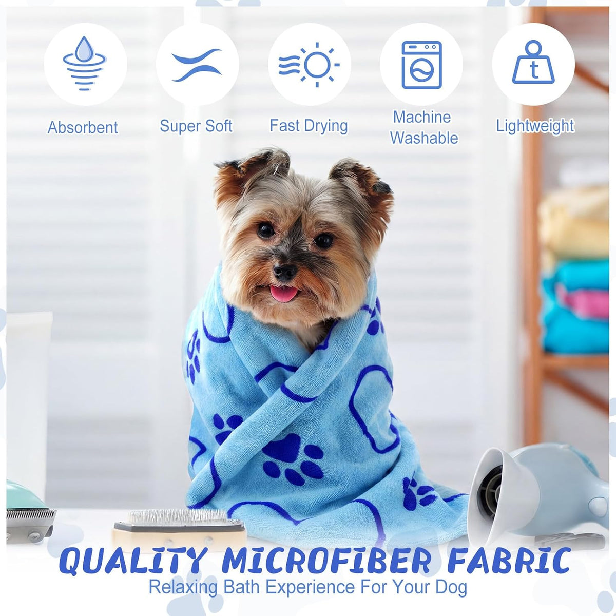Fanfanwin 4 Pcs Dog Bath Towels Microfiber Drying Dog Towel Absorbent - Blue - image 4