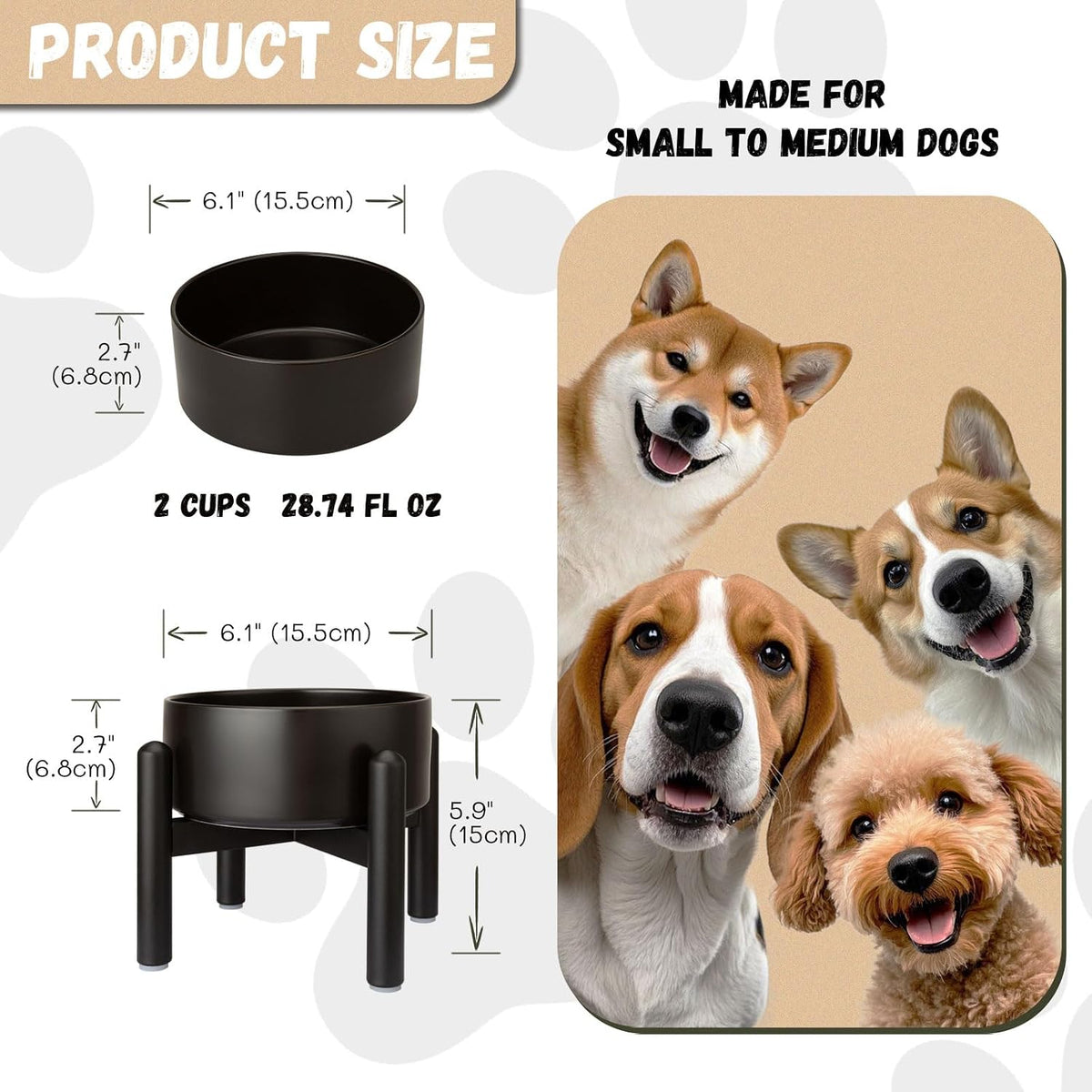 Raised Ceramic Dog Bowl Set with Stand - Black / 1 Bowl - 3.5 Cups - image 2