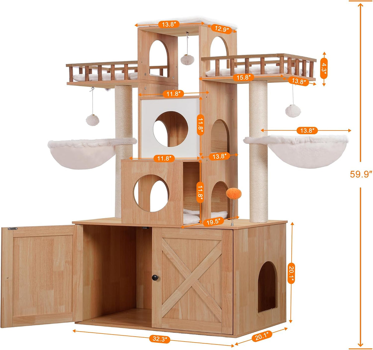 Heybly Cat Tree with Litter Box Enclosure for Indoor Big Cat HCT110SG – Essentials for Cats - Walnut / 60 inch - image 3