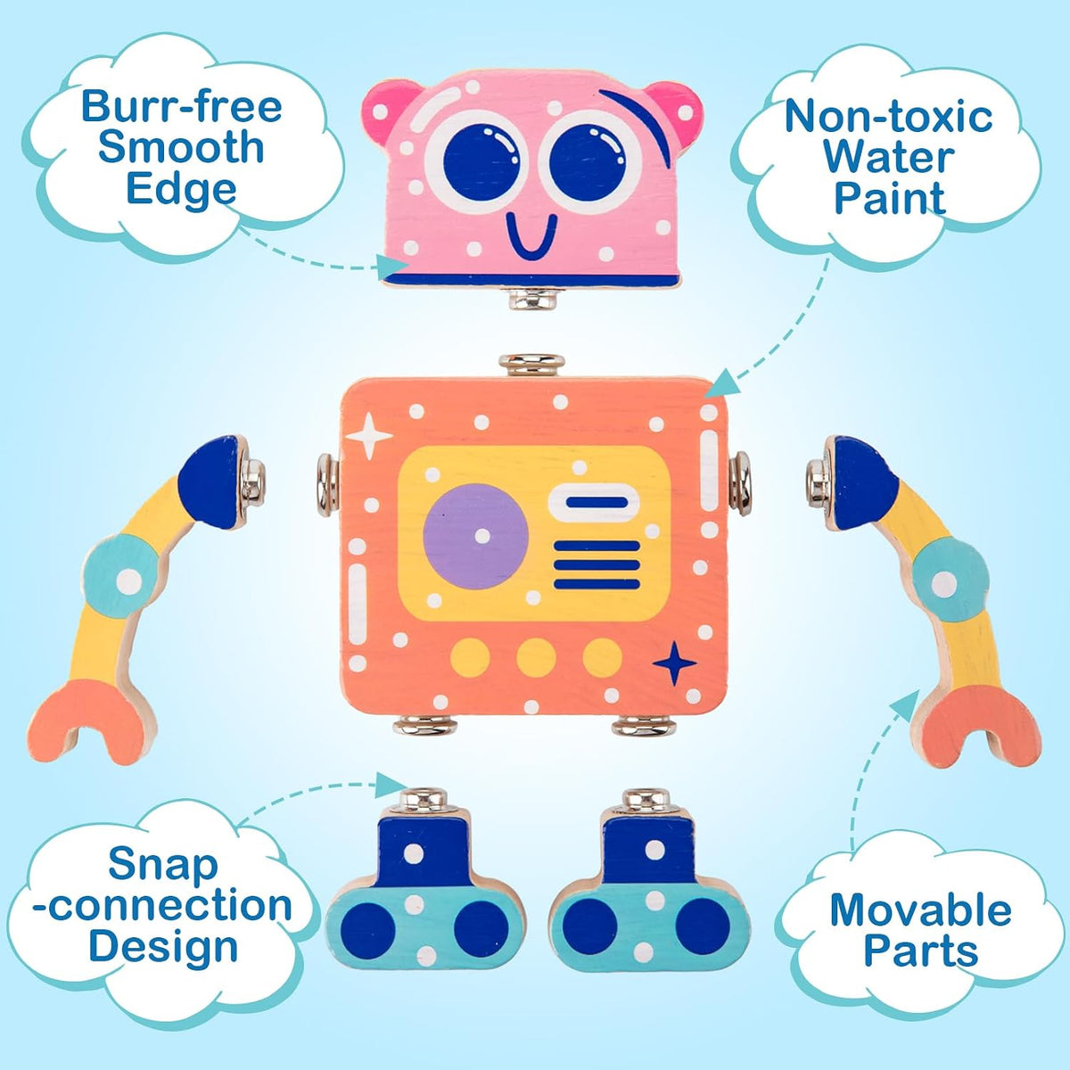 KODATEK 30-piece wooden snap-together robot toys with color-coded heads, arms and legs - view 2