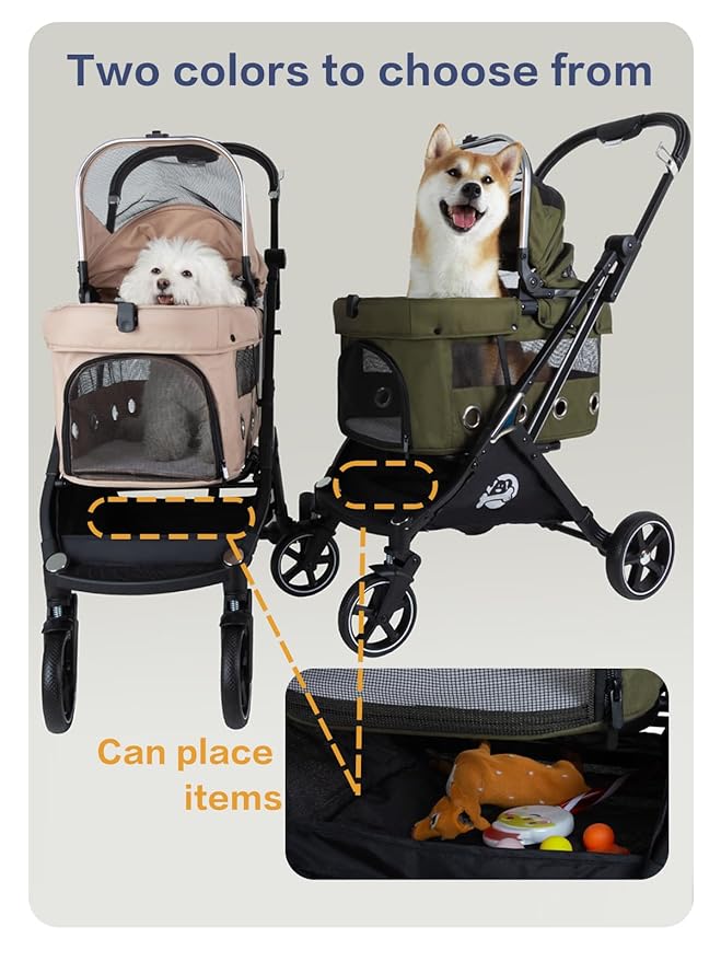 JK Pawadore 4 Wheels Pet Stroller Best Lightweight Foldable Portable Secure Easy Lock NO-Zip 180 ̊ Canopy Sun Shades Waterproof for Small/Medium Dogs 33lbs with Large Storage Basket (Khaki)
