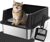 FURTIME Stainless Steel Cat Litter Box - Black / Small