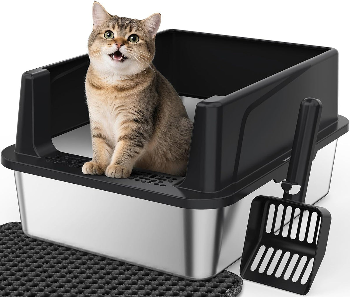 FURTIME Stainless Steel Cat Litter Box - Black / Small