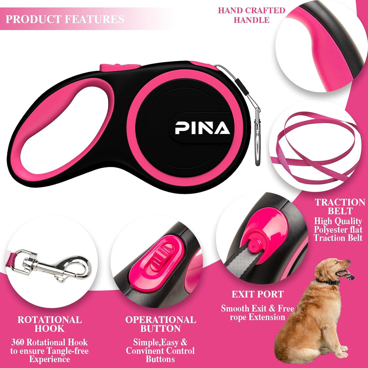 Retractable Dog Leash, 26ft Dog Leash for Small Medium Large Dogs Up to 110lbs, 360° Tangle-Free - 16 ft / Black Pink - image 2