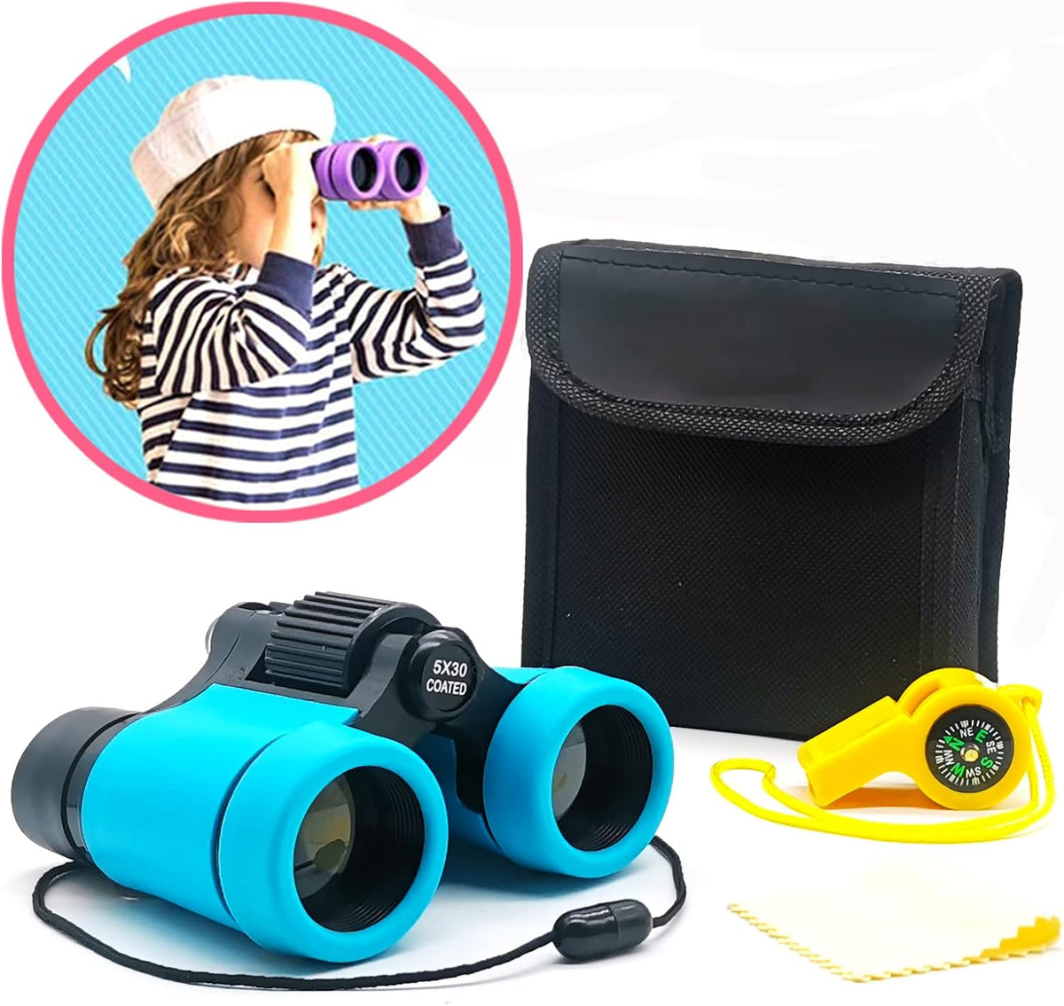 Kids Binoculars Ages 3-12 with Compass & Whistle – Fun for Kids & Family - Blue