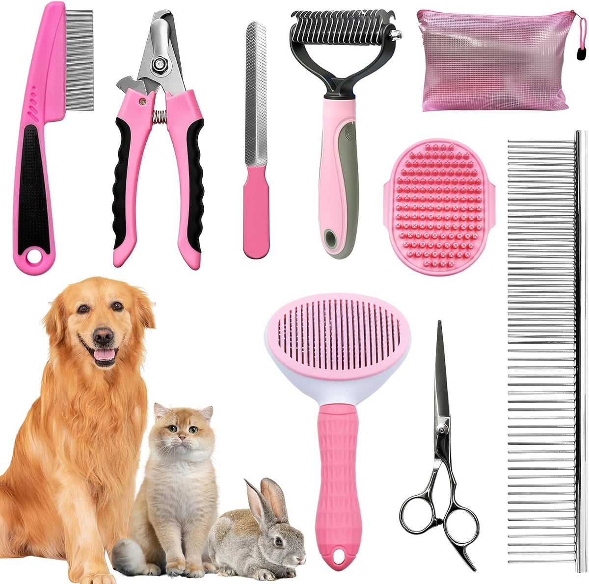Dog Grooming Kit for Shedding, Bath Gloves - 9 PACK / Pink