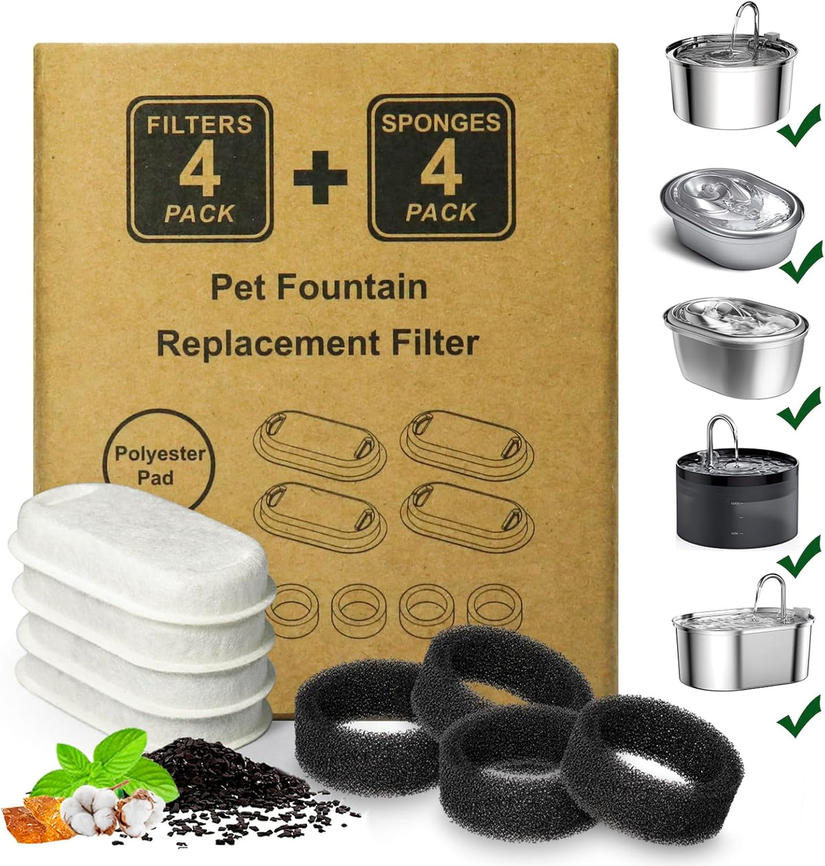 Cat Water Fountain Filter 16Pcs Fit 101oz/3L Stainless Steel Pet - 4 Filters+4 Sponges (2 Month Supply)