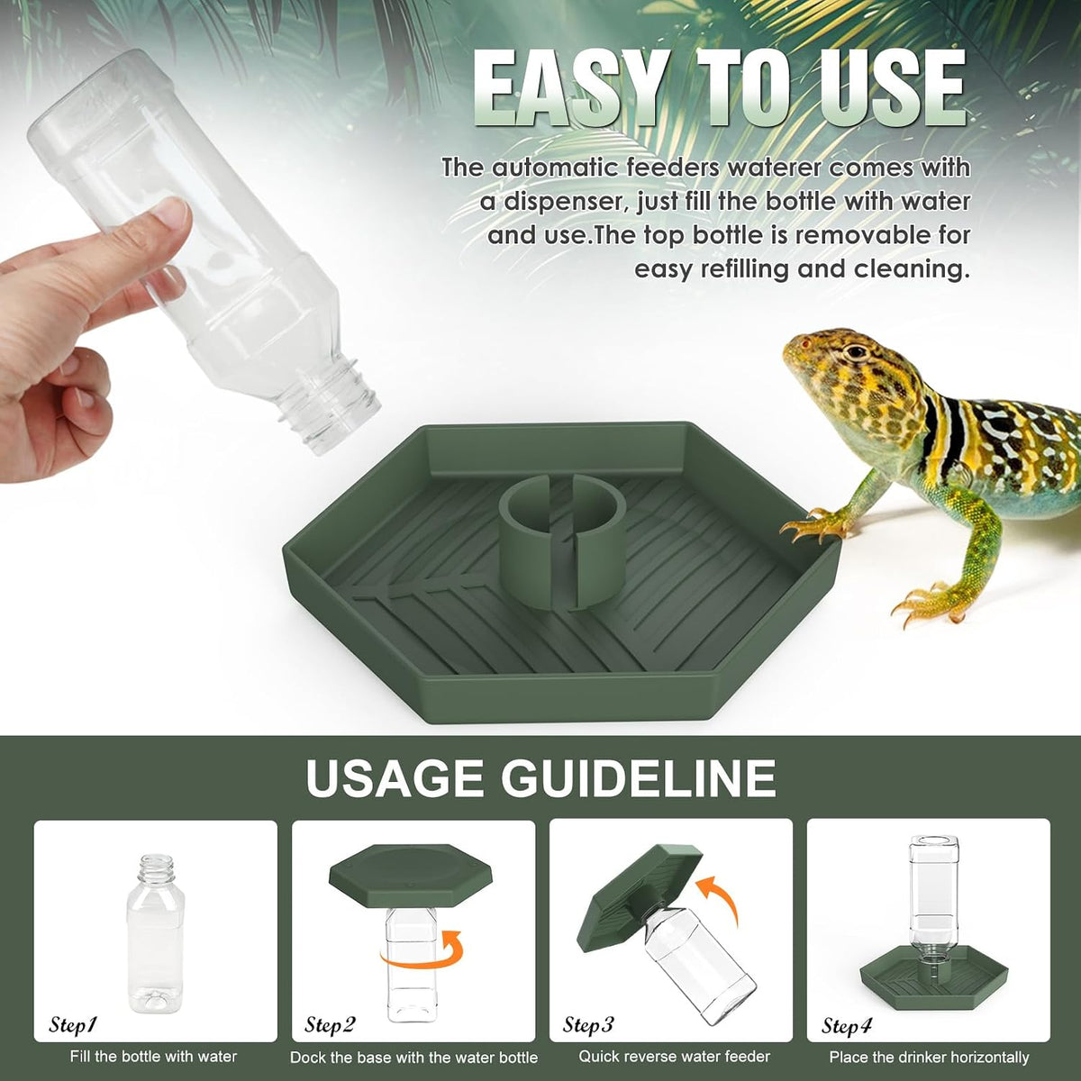 Reptile Water Dispenser Bowl for Bearded Dragon Tortoise – Essentials for Reptiles And Amphibians - Grey Green / L - image 3