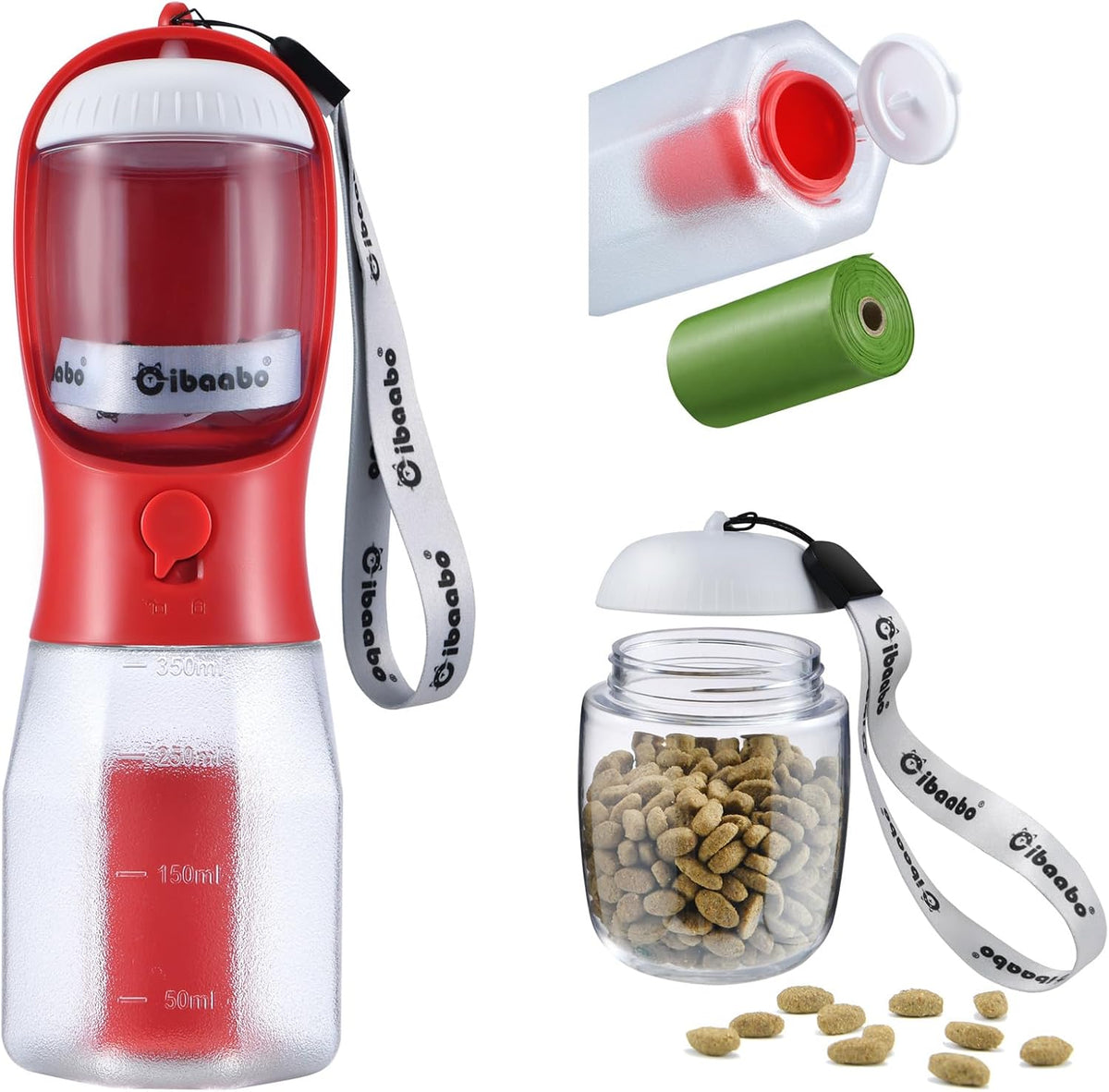 Dog Water Bottle with Food Container & Poop Bag Holder & Filter – Essentials for Dogs - #11 Red / 12oz