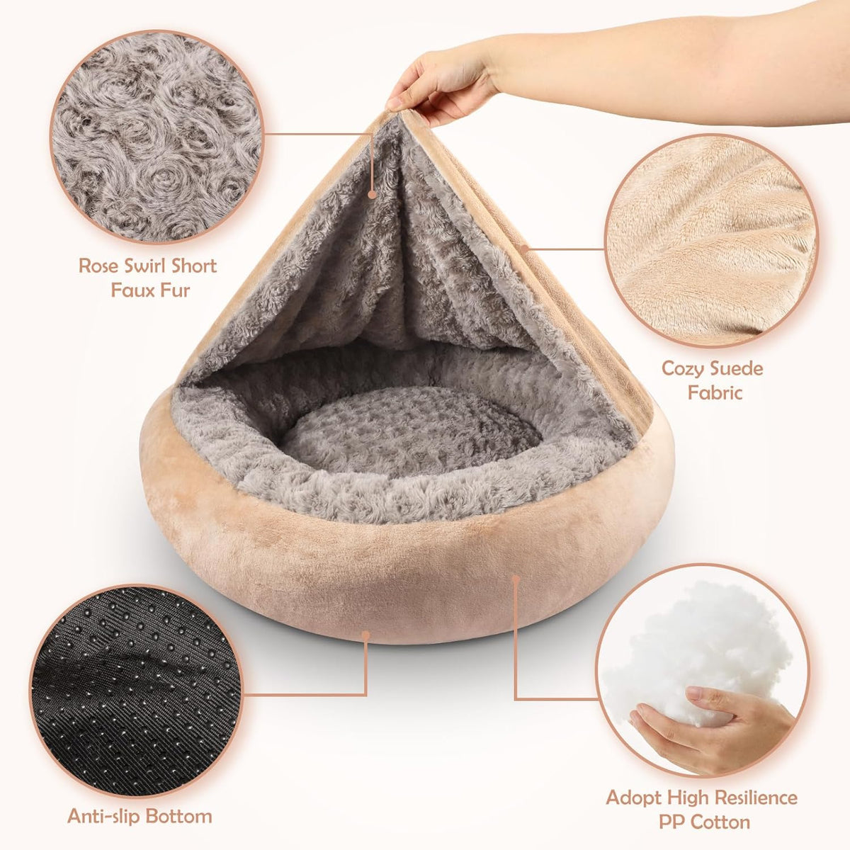 JOEJOY Small Dog Bed Cat Bed with Hooded Blanket - S(23" x 23" x 7") / Beige - image 3