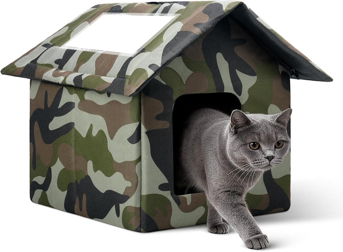 Outdoor Cat House Weatherproof, Large Feral Cat House for Winter - Camouflage / 14.17" x 13.78" x 15.35"