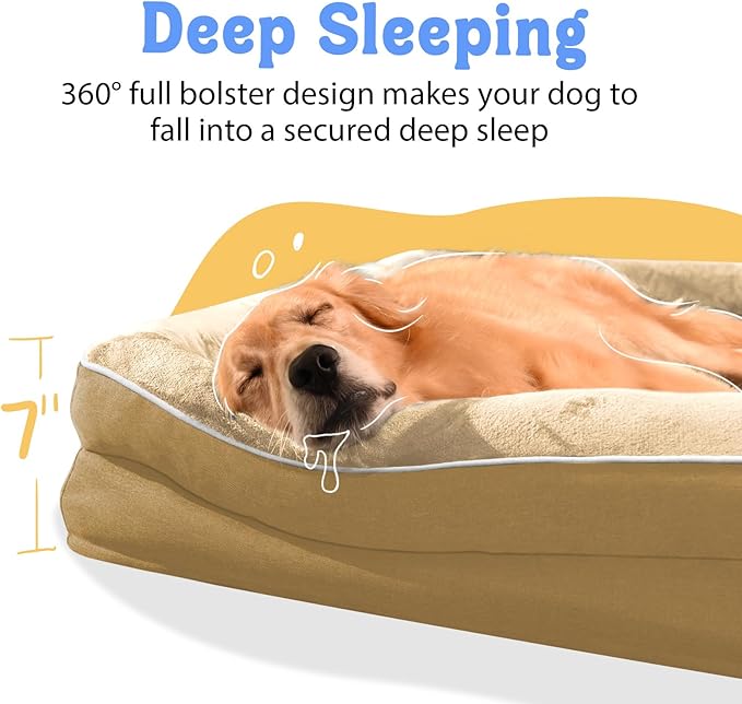 Washable Orthopedic Large Dog Bed -XL Large Dog Bed with Removable & Waterproof Cover Pet Beds with Foam Support for Big Size Dogs with Bolster